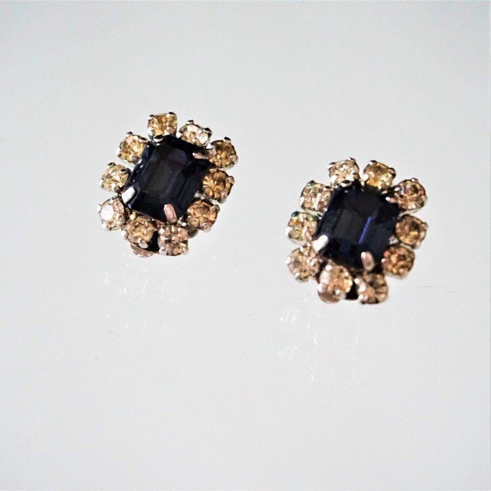 Christian Dior Clip On Earrings Vintage 60s Germany Blue Tanzanite w Crystals - - Picture 5 of 11